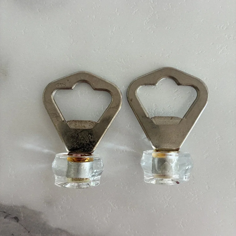 Vintage Bottle Opener Glass Stopper Set of 2 Silver Metal Barware Tools